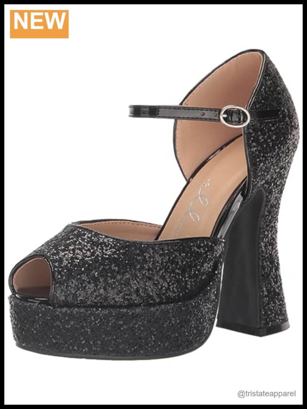 5 Inch Chunky Heel Glitter Sandal With Ankle Strap And Open Toe